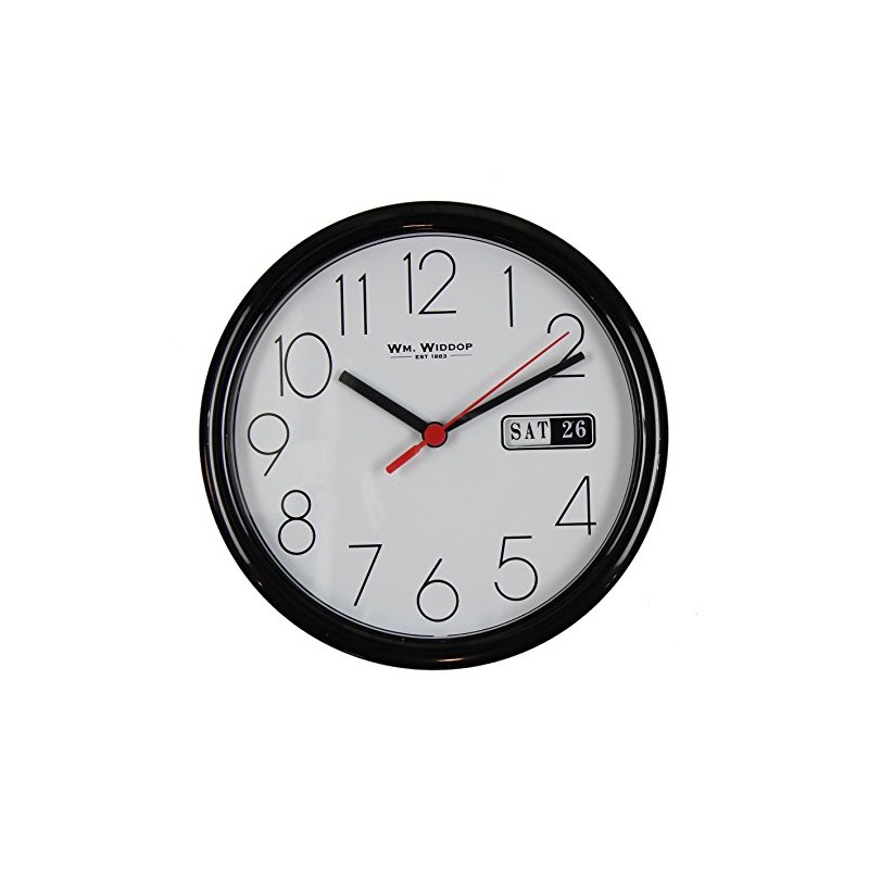 Wm.Widdop Day/Date Wall Clk-Black Case White Dial 8.5"Rnd