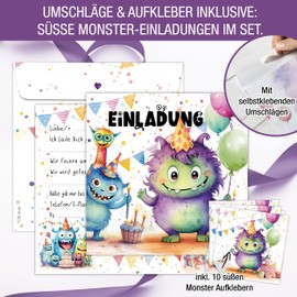 TOBJA Monster Invitation Children's Birthday Boy XXL Monster Invitation Cards Birthday 15 x 15 cm Set of 10 with Envelopes & Stickers Birthday Invitations Boys (Monster)