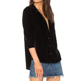R.Vivimos Womens Winter Velvet Long Sleeve Button Down Casual Tops Shirts (Large, Black)