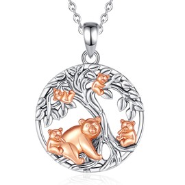 INFUSEU Mom Necklace for Women Tree of Life Family Jewelry Mama Bear 4 Cubs Gifts Mommy Birthday Mother Daughter Son Grandma Grandmother Cute Animal Present 925 Sterling Silver Circle Pendant