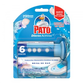 Pato Discos Activos para Inodoro, Gel Limpiador Continuo para Sanitarios, Aroma Brisa de Mar, Cont. 1 Aplicador y 6 Discos, 38g