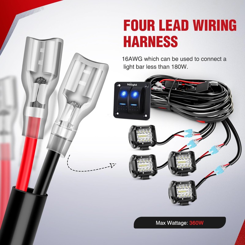 Nilight 16AWG LED Light Bar Wiring Harness Kit 12V On/Off