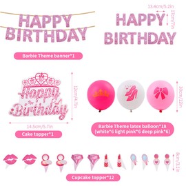 Vicloon Birthday Party Decorations, Party Balloons Decoration Set, Pink Girl Birthday Party Supplies Party Banner Cupcake Toppers for Kids Theme Party Decorations Baby Shower