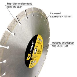 Laser Welded Diamond Blade 14 Inch — Diamond Cutting Wheel for Cutting Reinforced Concrete, Stone, Marble, Granite, Brick, Masonry — Diamond Saw Blade Segment Height 0.591 (15 mm) — GRAFF