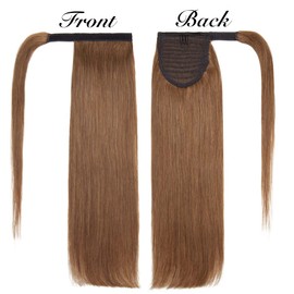 MY-LADY Ponytail Extension Human Hair 14 Inch Light Brown Wrap Around Drawstring Real Remy Hair Ponytail Long Straight Pony Tail for Women Kids Clip in Hairpiece 80g