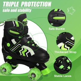 SMOOJOY Kids Roller Skates for Boys and Girls Adjustable Green Skate with All Light up Wheels Ages 6-12 for Beginner in Outdoor Indoor Sports.
