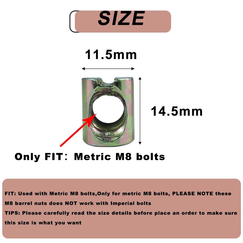 10 PCS Metric M8x11.5mmx14.5mm Barrel Nuts,for M8-1.25 Bolts Cross Dowels