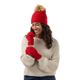 Fishers Finery Women's Cashmere Pom Hat and Glove Set; Gift Box (Cardinal Red)