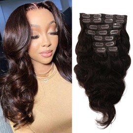 Body Wave Clip in Hair Extensions Brown Wavy Brazilian 100% Human Hair 8 Pieces Brown 18 Inch