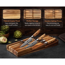 XINZUO In-drawer Knife Block, Natural Acacia Knife Drawer Oganizer, Insert-Kitchen Storage Holder, 11 Slots, Holds up to 11 Various Size Knives, Countertop Saving&Knife Protective