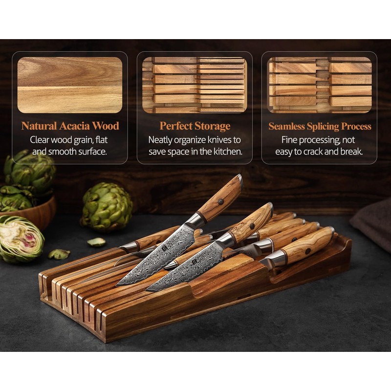 XINZUO In-drawer Knife Block, Natural Acacia Knife Drawer Oganizer, Insert-Kitchen