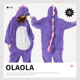 OLAOLA Unisex Animal Onesies, Flannel Purple Dinosaur Adult Onesie, Plush One Piece Sleepwear Cosplay Pajamas Party Costume