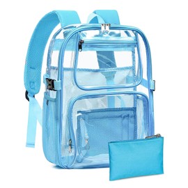 Flowston Clear Backpack Heavy Duty, Large TPU Clear Bookbag for Boys Girls Adult, See Through Transparent Back Pack with Multiple Pockets for College Work Casual Security,Light Blue