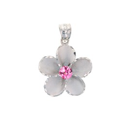 Dazzling Sterling Silver Pink CZ Hawaiian Plumeria Flower Pendant