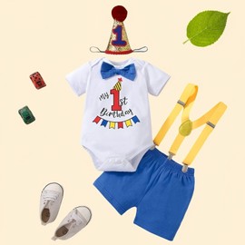 Vivifayee Baby Boy First Birthday Outfit - Short Sleeve Bowtie Rompers Shorts Set With Suspenders and Hat - One Year Old Clothes