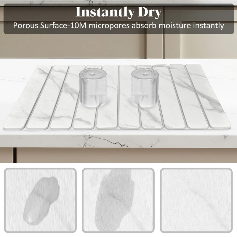 Stone Dish Drying Mats for Kitchen Counter, 24"(L)×16"(W) Marble-Pattern, Collapsible