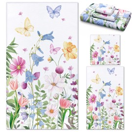 Preboun 3 Pack Floral Hand Towels Spring Bathroom Towels Set Watercolor Wildflower Hand Towels Butterfly Bath Towels Plant Leaves Dish Towels for Bathroom Kitchen Hotel Gym Spa
