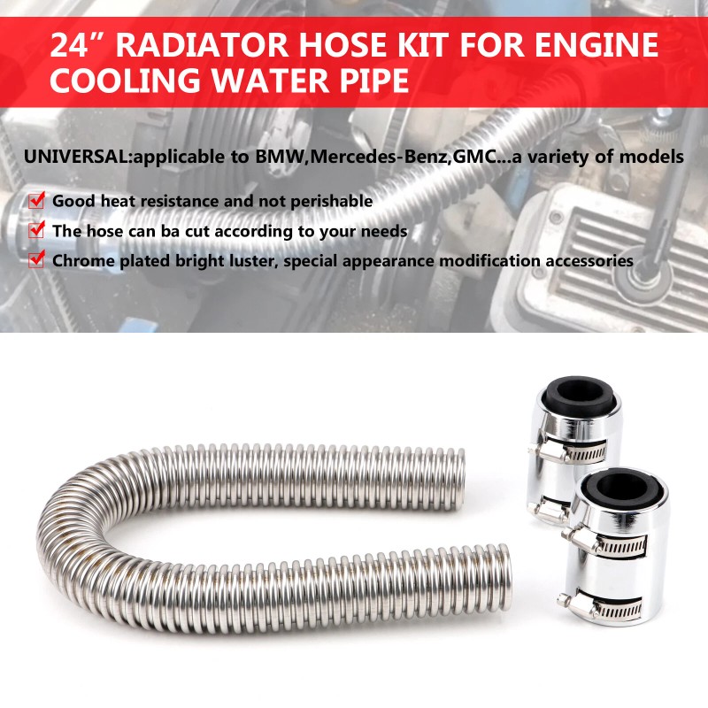 VEHITO 24" Chrome Stainless Steel Radiator Hose Kit, Flexible Radiator