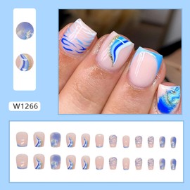 Vezocim Press on Nails Square Short Sets, 24Pcs Glossy Artificial French Fake Nails with Blue Line Designs, Full Cover Acrylic Coffin False Fingernails with Charm for Women Girls