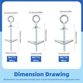 Glarks 18pcs M4 M5 M6 O-Shaped Eye Bolt Toggle Anchors Set for Drywall, Toggle Bolts, Butterfly Anchors, Spring Toggle Wing Bolts for Ceiling, Sheetrock, Hollow Wall