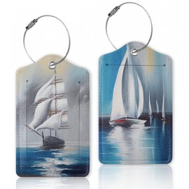 Marine Sailboat Painting Luggage Tags Bag Tag with Privacy Cover Name Id Card Stainless Steel Loop Suitcase Labels Pu Leather Baggage Tags for Travel,2 Pcs