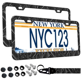 2-Pack Topographic Map License Plate Frames for Women Man, 2 Holes Topography Map Aluminum License Plate Holder,Exploration | Discovery License Plate Cover fits with Keychain Wrist Lanyard