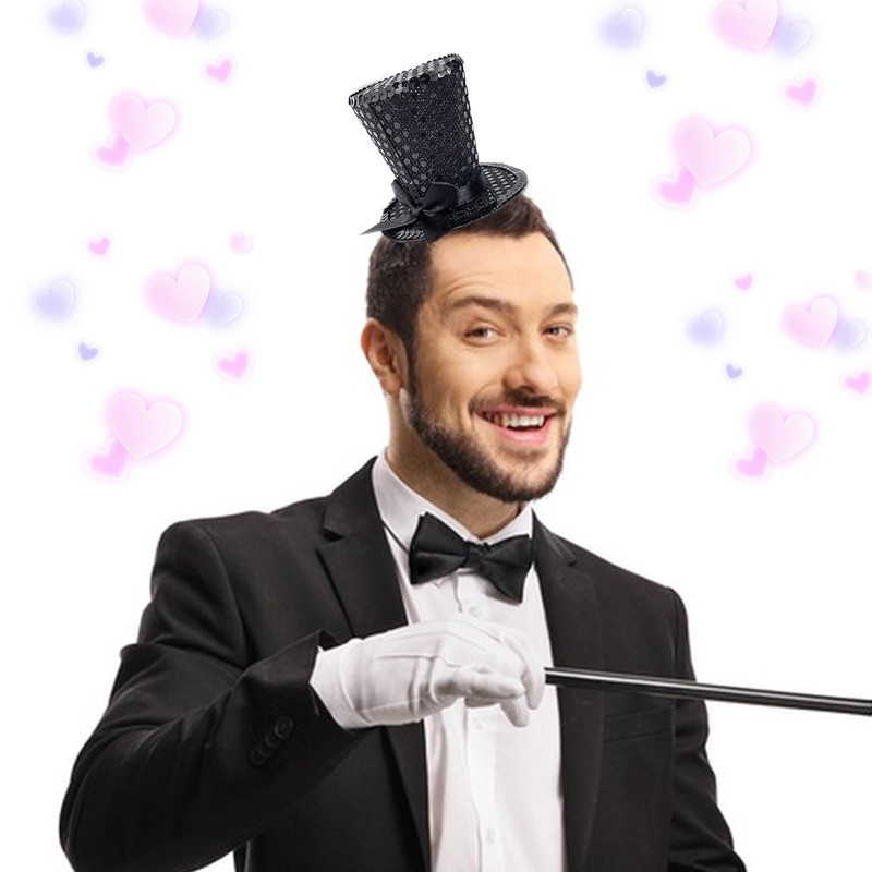 Cerchietto con mini cappello a cilindro, con paillettes, accessorio per