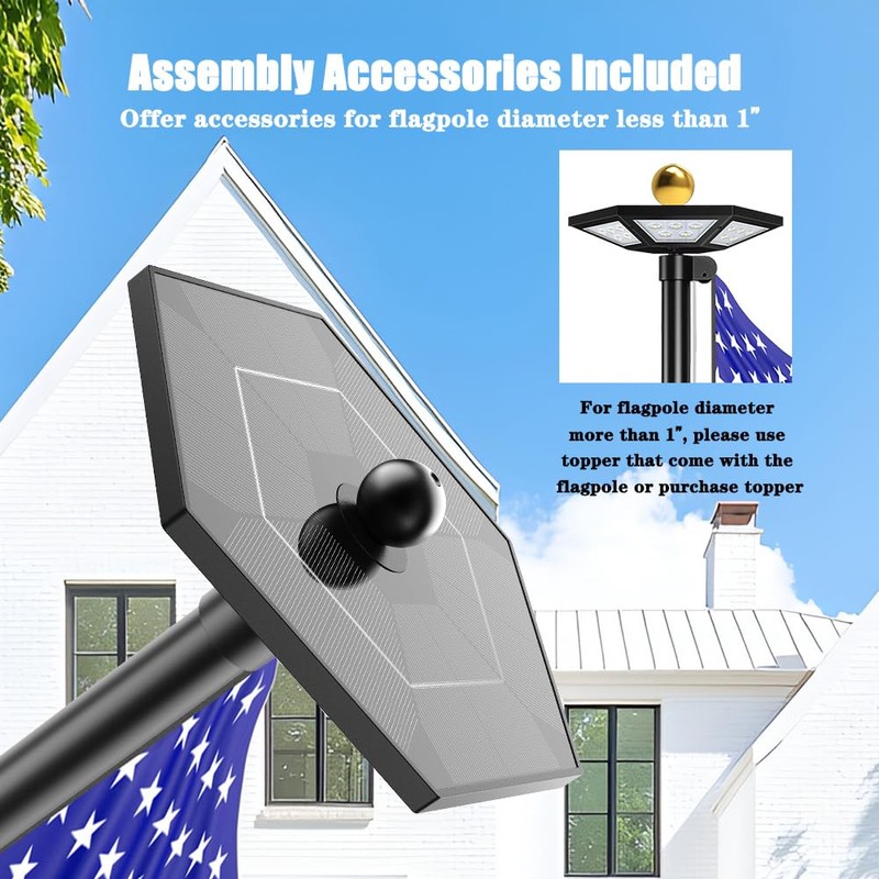 Flag Pole Light Solar Powered Top Mount, 2000Lumen IP67 Waterproof