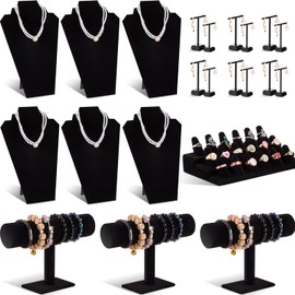 Henoyso 16 Pieces Black Velvet Jewelry Display Set Jewelry Display for Selling Black Velvet Necklace Display Bracelet Display Stand Finger Ring Display T Shape Earring Stand for Jewelry Showcase
