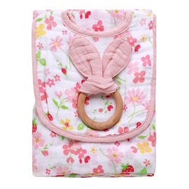 3 Piece Cotton Muslin Set: Swaddle Blanket with Bib and Beechwood Teether for Baby, Lightweight, Breathable, Pink Strawberries and Flowers