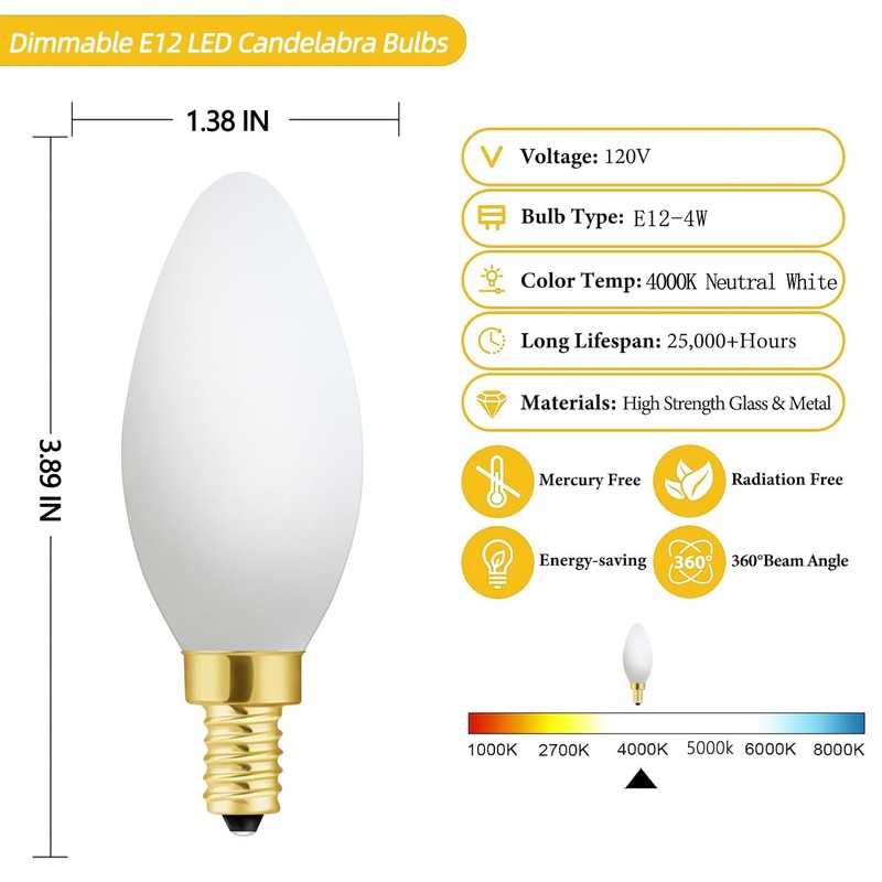 Frosted Candelabra Light Bulbs 40 Watt Equivalent, 4W Watt LED