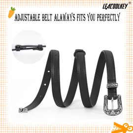 LEACOOLKEY Girls Leather Skinny Belt with Western Buckle for Dress Kids Adjustable Thin Waist Belt for Jeans