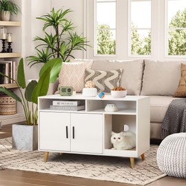 Mdeam Cat Litter Box Enclosure, Hidden Litter Box Furniture with Front Entry, 2-Door Storage Cabinet, 2 Compartments, Scratcher Pad, Air Vents, Wooden Cat House Side End Table (White)