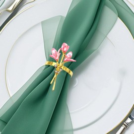 Davifina Pink Flower Lily Napkin Rings Set of 6 for Fall Parties Garden Wedding Family Dinner,Elegant Floral Napkin Ring Holders for Pastoral Theme Christmas Thankgiving Valentine's Day Banquet Decor