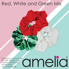 Amelia Beauty, Red, White and Green Mix Imitation Silk Scrunchies, 4.5in Diameter, Gentle on Hair, Strong Hold, No Snag, No Dents or Creases. 6 Pack