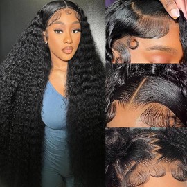 Dundix 34 Inch Deep Wave Lace Front Wigs Human Hair 13x6 HD Lace Front Wigs Human Hair Glueless Wigs Pre Plucked Deep Curly Wig for Women