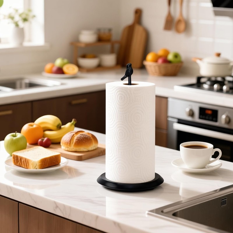 Black Paper Towel Holder Stand for Countertop with Solid Wood