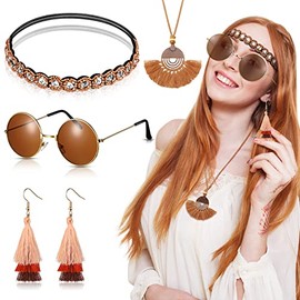 4 Pcs Hippie Costume Women Accessories 60s 70s Boho Fancy Costume Vintage Set Bohemia Headband, Round Vintage Sunglasses, Feather Necklace and Fringe Earring for Girls Carnival Dress Accessory