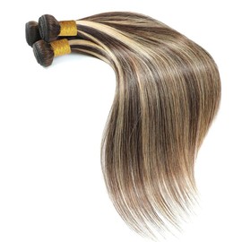 Highlight Human Hair Bundles P4/613 Human Hair Bundles Ombre Blonde Straight Bundles Two Tone Brown Mixed With Blonde Bundles Double Weft Soft and Silky Bundles for Black Women (26 28 30 Inch)