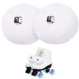 GUIFIER 2 Pieces 3.15” Roller Skate Pom Poms with Bells for Girls, Fluffy Tie on Roller Skate Pom Poms, Faux Rabbit Fur Pom Poms with Shoelaces for Quad Roller Skates Decoration Accessories (White)