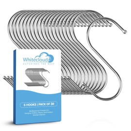 WHITECLOUDZ 30-Pack Silver S Hooks for Hanging Plants, Stainless Steel S hooks for hanging heavy-duty, Closet Hooks for Hanging Clothes, Durable kitchen hooks for hanging Utensils, Pots, Clothes & Bag