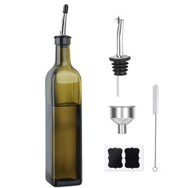 WEILAIDI Green Olive Oil Dispenser Bottle, 1 Pcs Green Glass Oil and Vinegar Dispenser Set with 2 Stainless Steel Pourers, 2 Labels,1 Brush and 1 Funnel Oil Bottles for Kitchen（17oz/500ml）