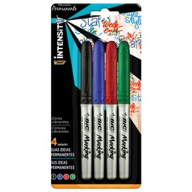 BIC, Marcador Permanente con Grip, Marca Diferentes Superficies, Punto Grueso, Marking, Surtido de Colores Clásicos, 4 piezas