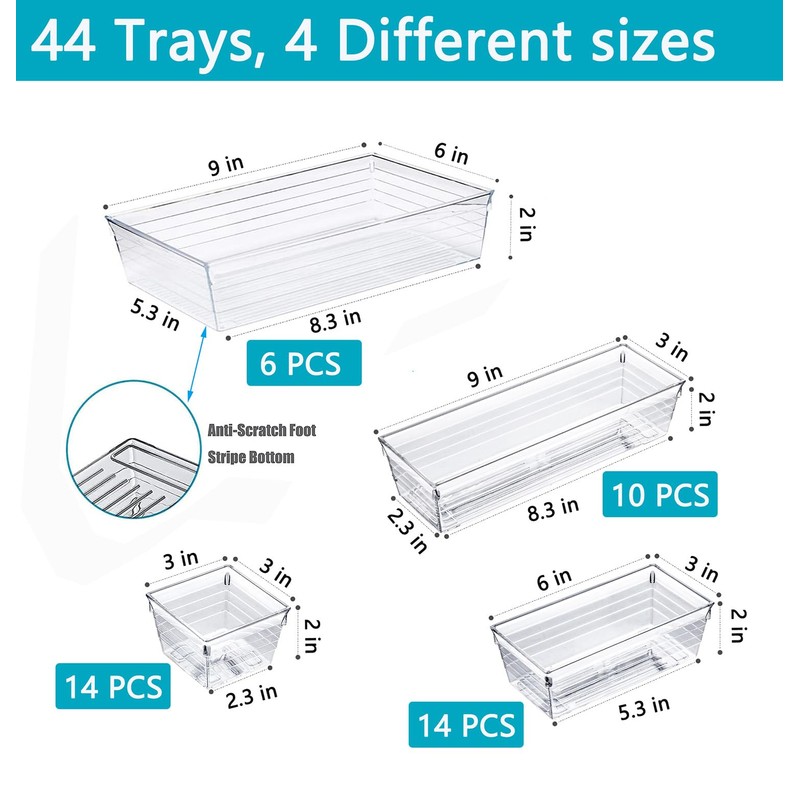 44 PCS Clear Drawer Organizers Set, 4 Size Versatile Bathroom