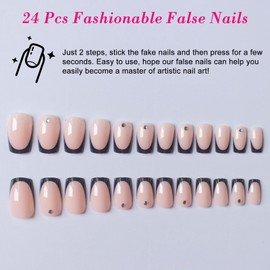 Ceboic Pack of 24 Square Ballerina Nails for Sticking Short, Nude French Black Edge Artificial Nails Shiny False Nails, Full Cover Press On Nails for Women Girls Nail Art