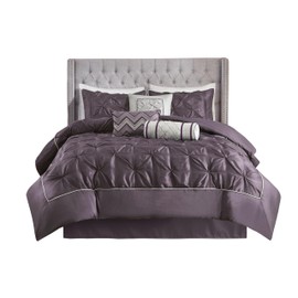 Madison Park Laurel Cozy Comforter Set - Traditional Tufted Faux Silk Design, All Season Down Alternative Bedding with Matching Shams, Decorative Pillow, Plum King(104"x92") 7 Piece