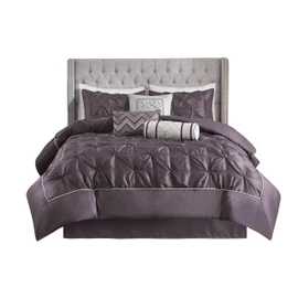 Madison Park Laurel Cozy Comforter Set - Traditional Tufted Faux Silk Design, All Season Down Alternative Bedding with Matching Shams, Decorative Pillow, Plum King(104"x92") 7 Piece