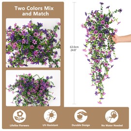 Artificial Hanging Flowers for Outdoors, 2 Pcs Fake Hanging Plant Spring Summer Decor, UV Resistant No Fade Realistic Faux Flower for Front Door Porch Planter Patio Garden Yard(Double Purple)