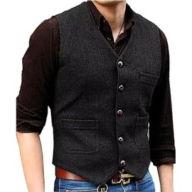 DREFEEL Mens Vintage Tweed Suit Vest V Neck Casual Wool Waistcoat for Wedding Groomsmen Men's Formal Vest