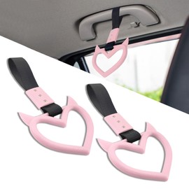 HQRNYP 2PCS Devil Heart Handle Rings, Heart Car Handle Strap, Rear Bumper Warning Keychain Ring Charm, Car Interior Decoration Accessories Warning Loops Fit for Train Bus Subway (Pink+Black)